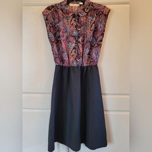 Vintage R.A. Landou Ltd Paisley Button Up Blouse Top Black Skirt Dress